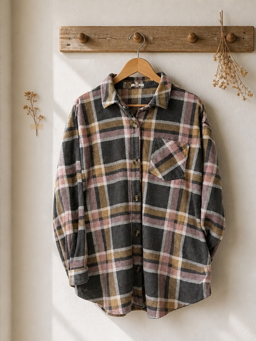 Maurices Plaid Shacket in Charcoal, Blush & Mustard